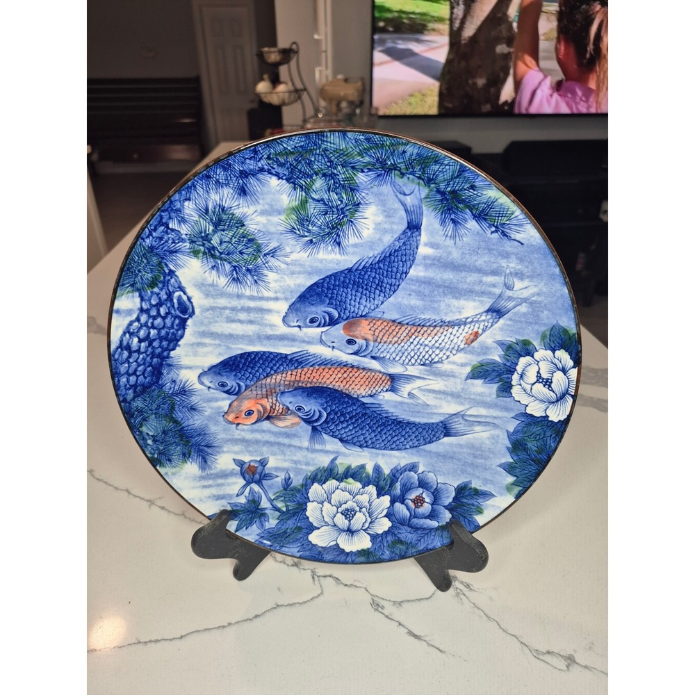 Vintage Oriental Blue White Porcelain Decorative‎ Plate Koi Fish & Peony Floral